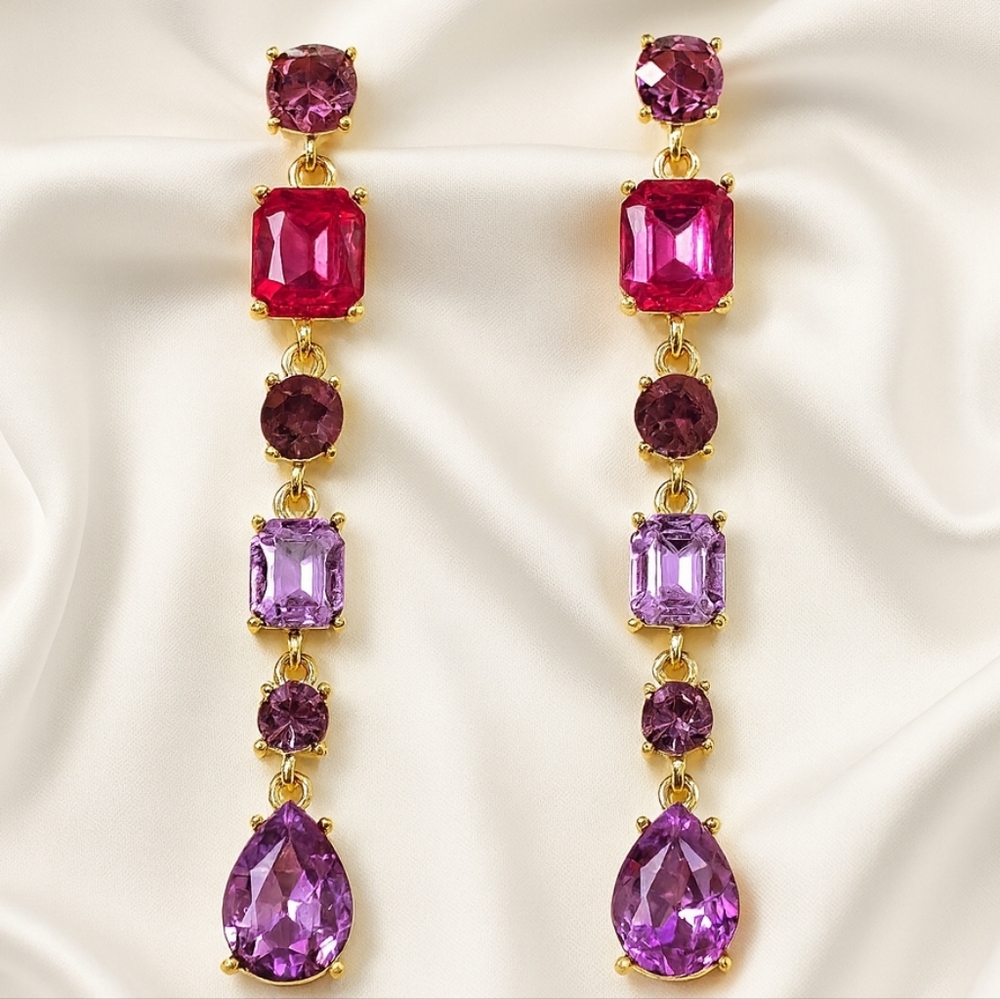 Gold-Finish Long Drop Earrings with Pink and Purple Stones